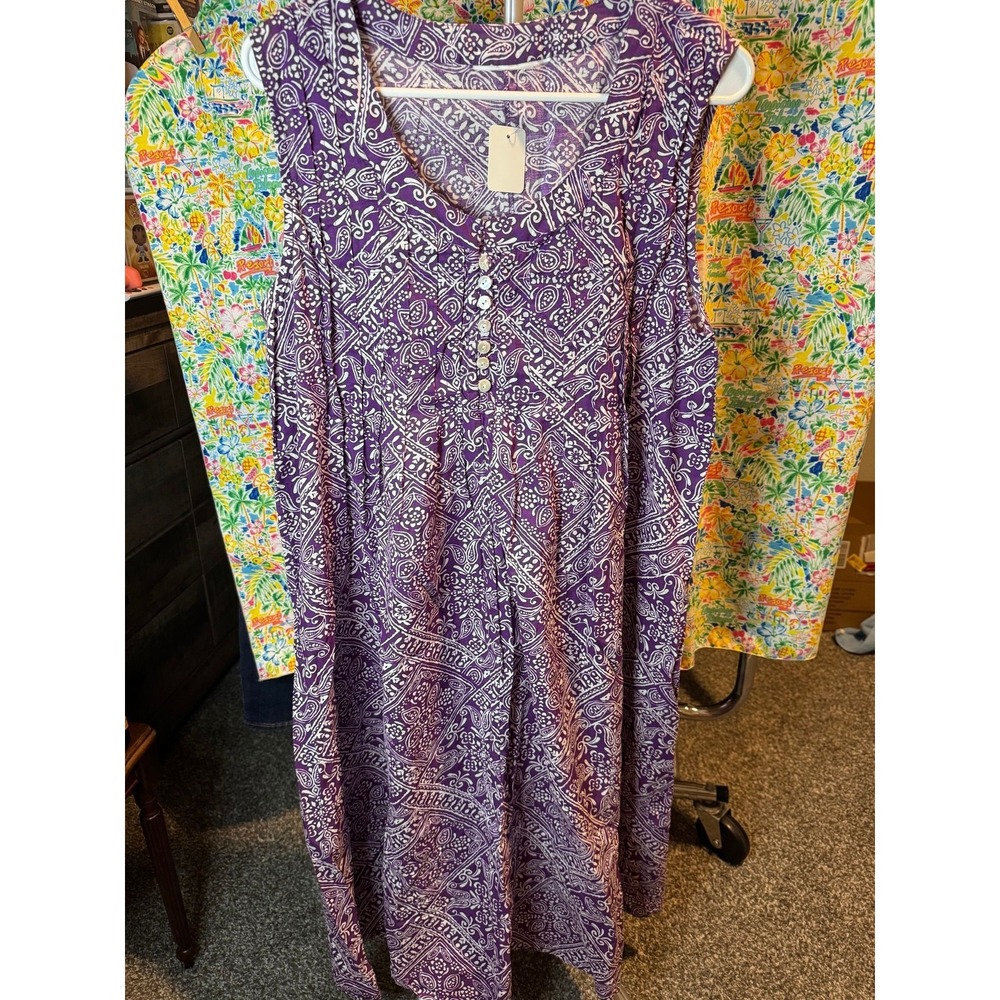 116 Purple Paisley Sleeveless Midi Dress Button Front Scoop Neck Relaxed Fit